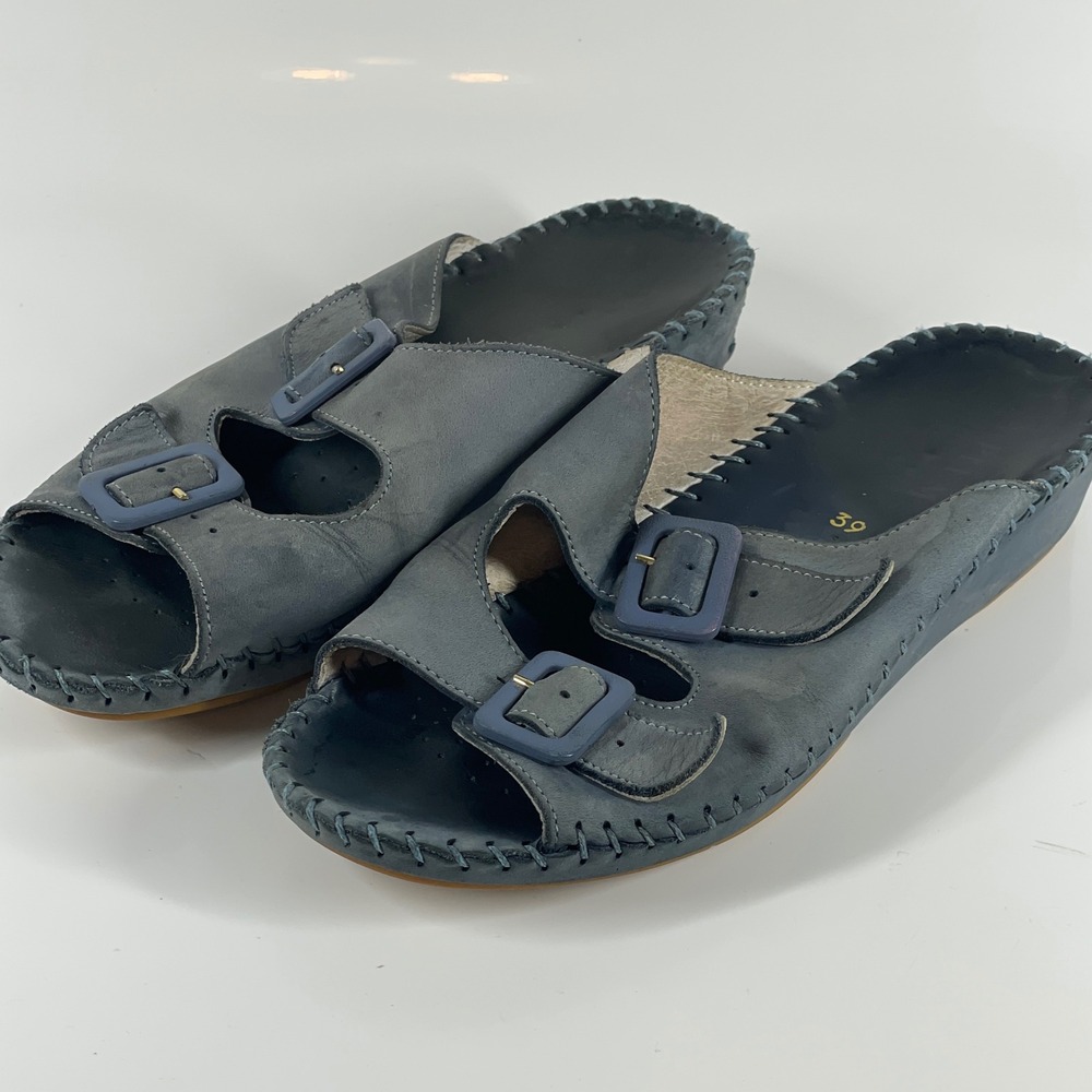 8-8.5 La Plume Jen Nubuck Blue Leather Buckle Whipstitch Slide Sandals Wedge